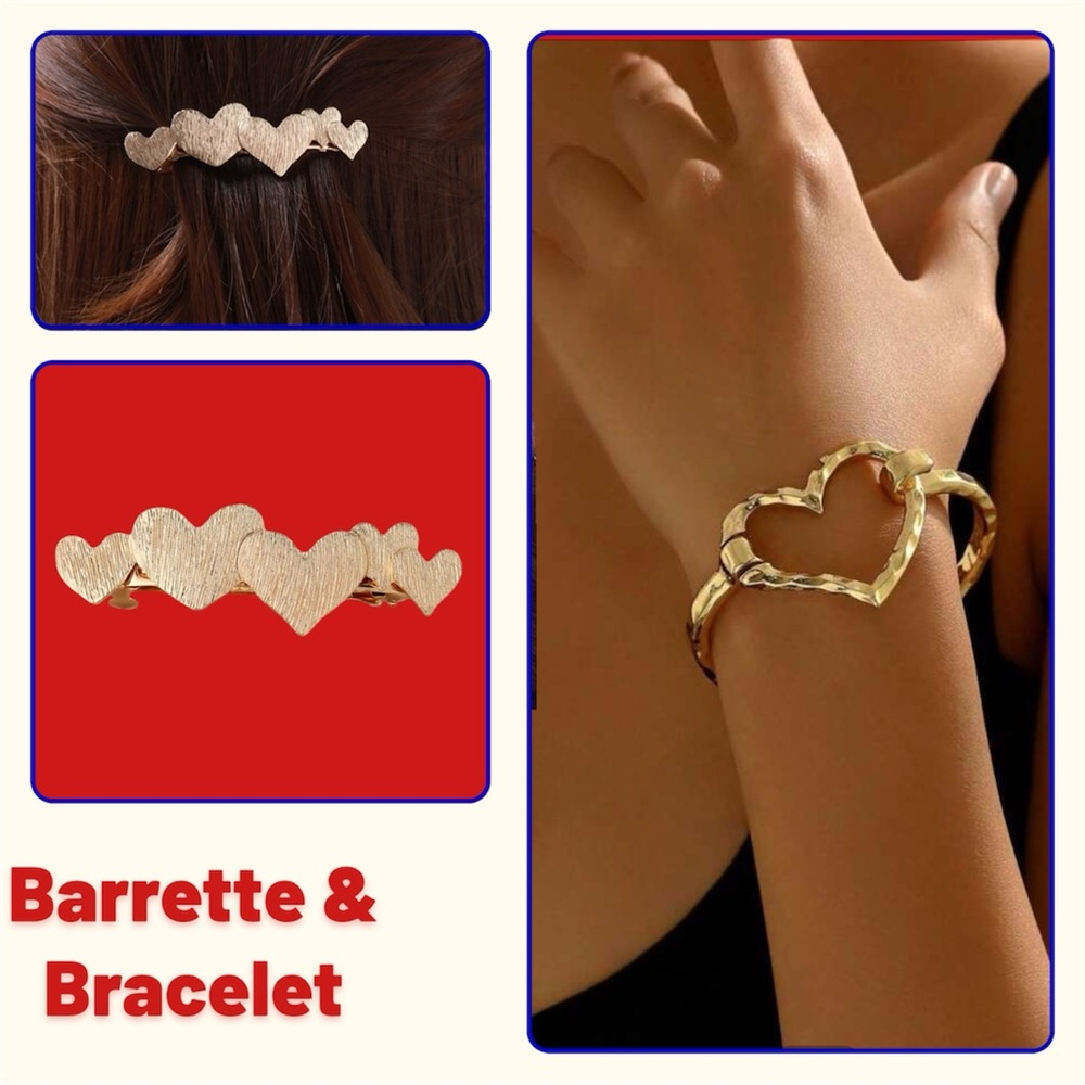 Heart bracelet & barrette 2 pc set gold jewelry hammered metal prom dance mom